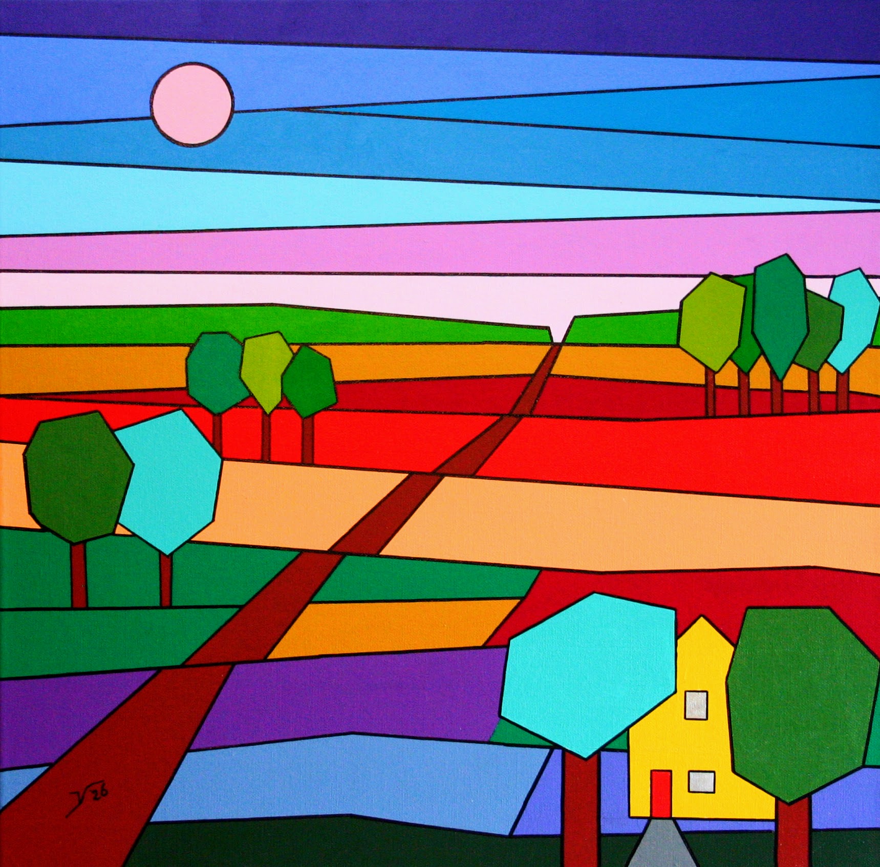 nr. 131 Geel huisje in landschap